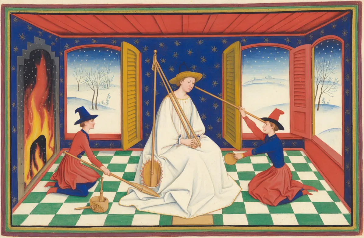 A man in white sits at ease in a hall between a roaring fire and open shutters onto snow, while two servants tend the fire and the shutters around him