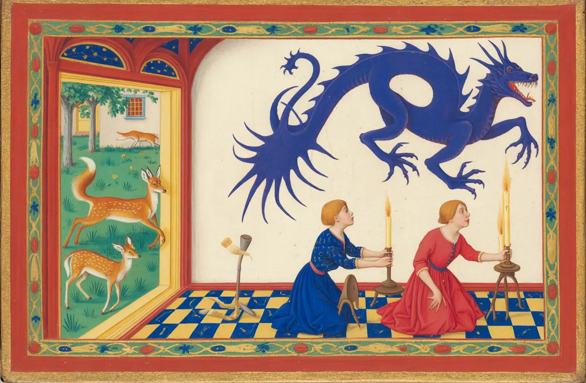 Two women with candles kneel beneath a huge dragon-shaped shadow on the wall; through the doorway a fox chases deer across a meadow