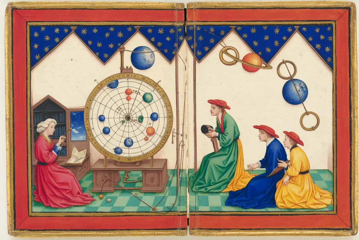A great wheel of turning planets stands in a study; a scholar reads beside it while others kneel and study the hanging spheres