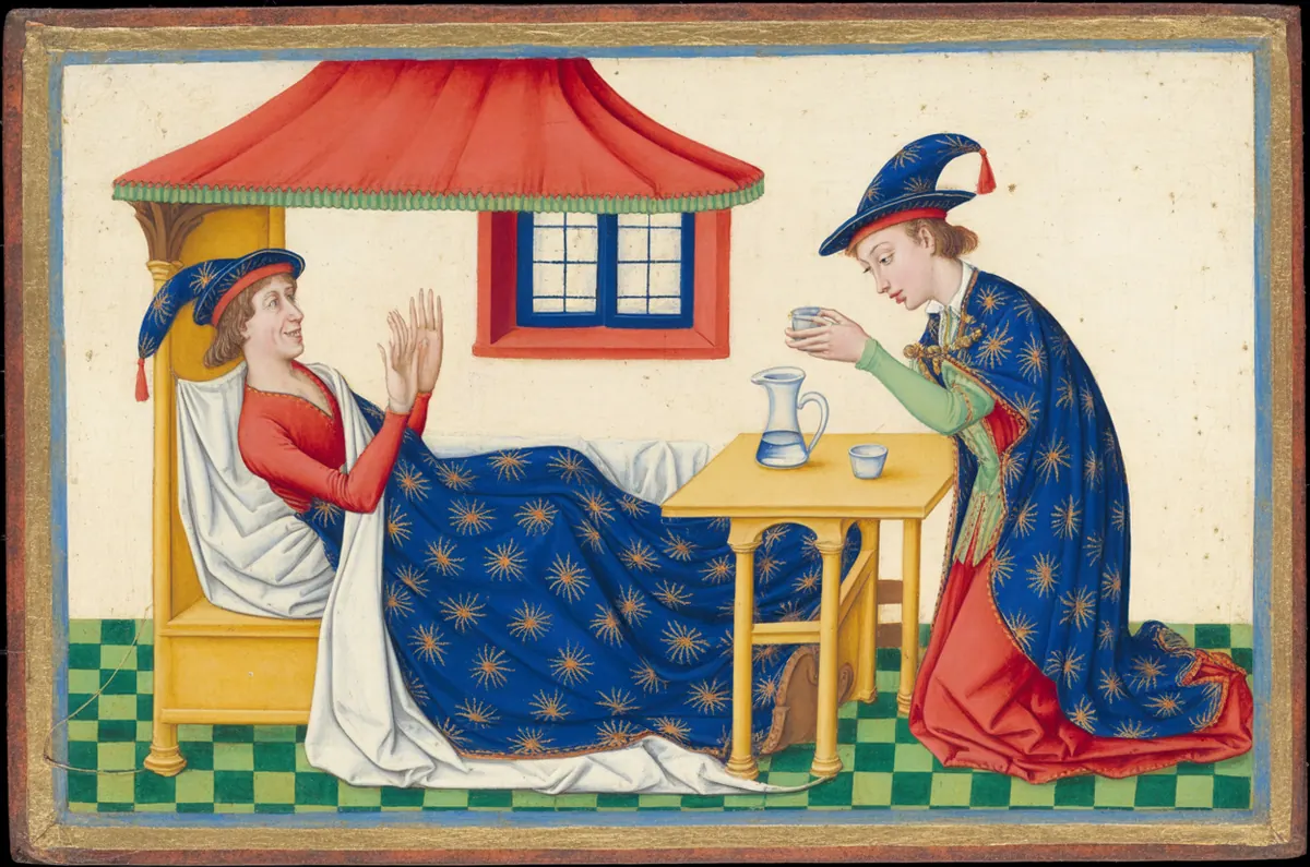 A sick man sits up in bed smiling with his hands raised as a physician kneels beside him with a jug and a cup of plain water