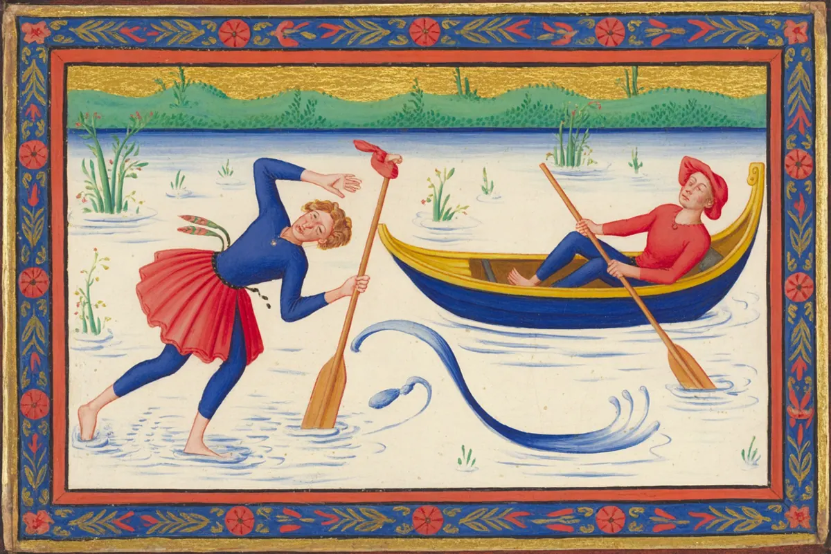 A man in the river strains against the current with a pole while another man glides past him, relaxed, in a small boat
