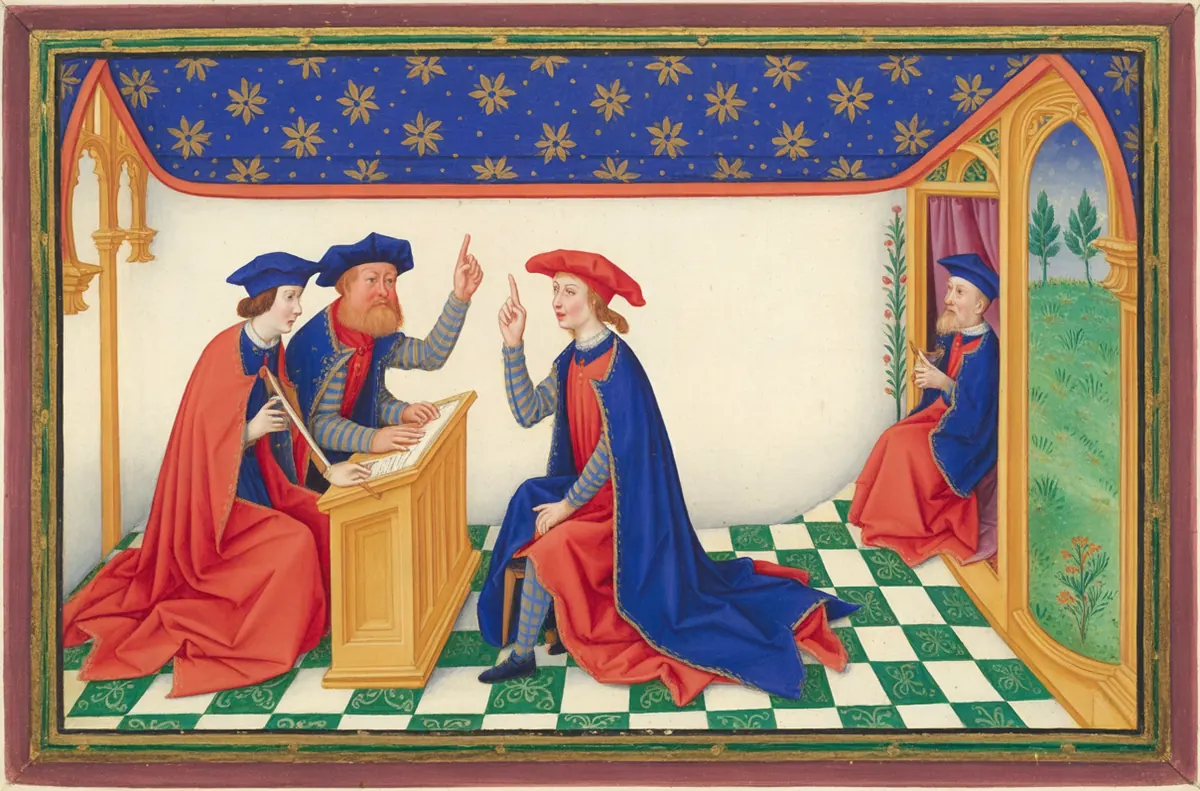Three men argue around a lectern with raised fingers while a fourth sits apart in a doorway that opens on a garden