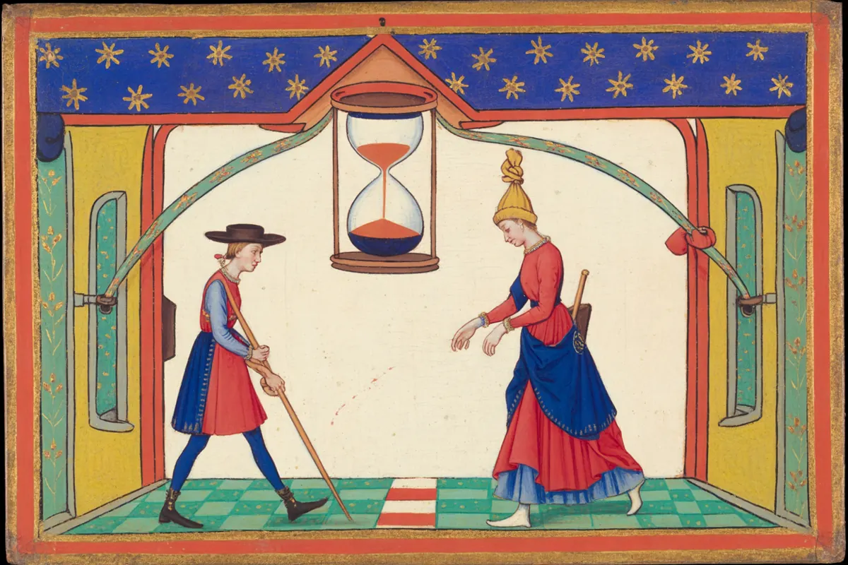 Beneath a great hanging hourglass, a man with a staff walks out through a gateway while a woman walks the other way