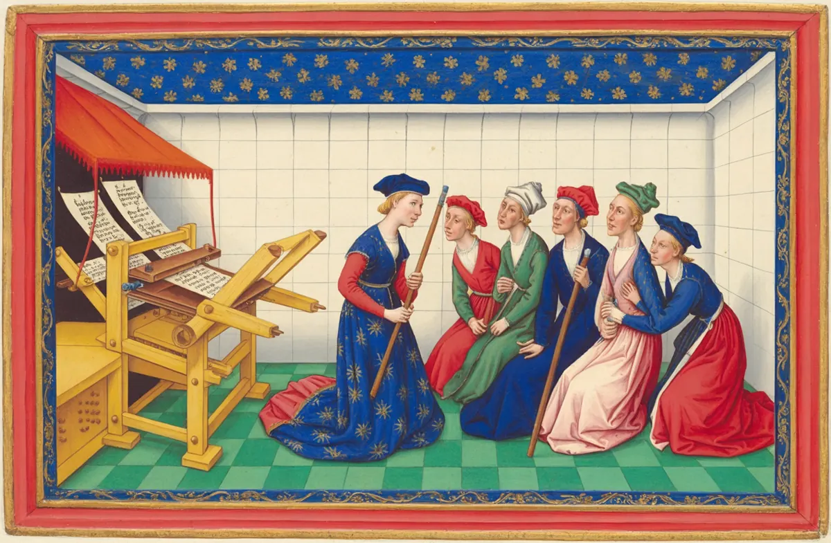 A crowd of scribes gathers to watch a new wooden printing press print its first pages