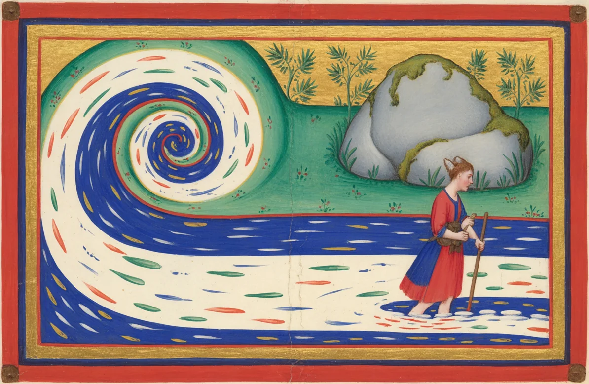 A whirlpool in the river beside a mossy boulder, a young man wading in the current