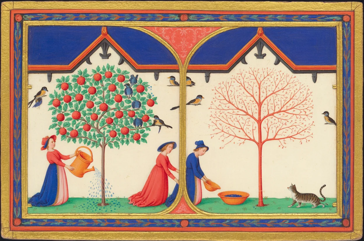 A watered tree heavy with fruit beside an unwatered bare tree; a cat fed at the gate