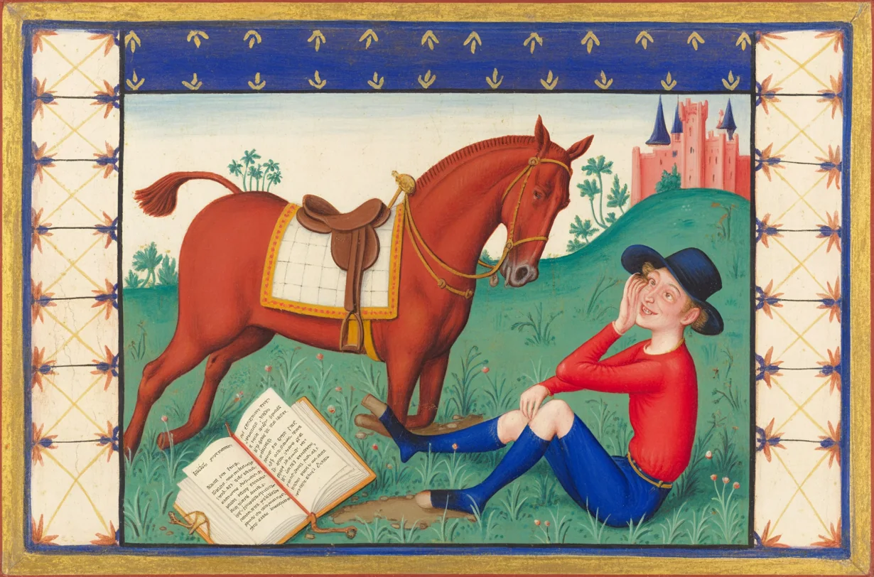 A riderless horse; the young man just fallen and smiling, the horsemanship book in the mud