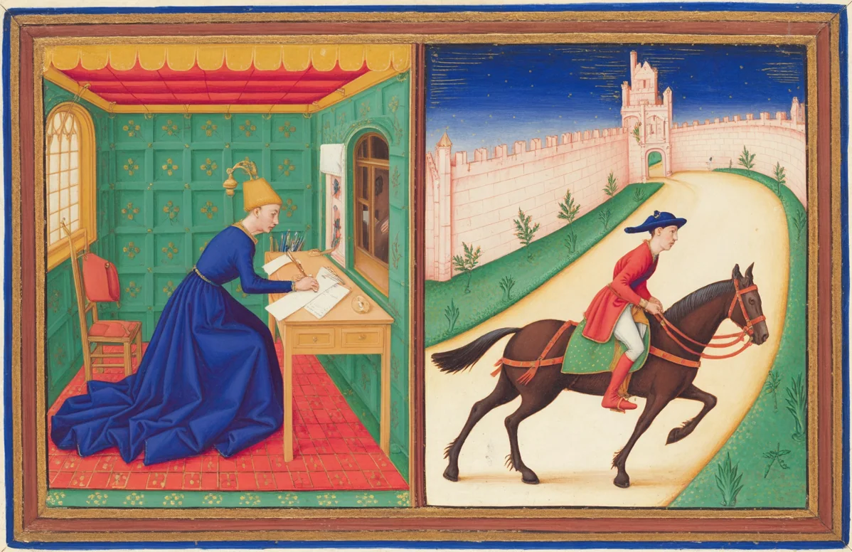 A father writing at a desk at left; a messenger carrying the sealed letter toward a distant city at right