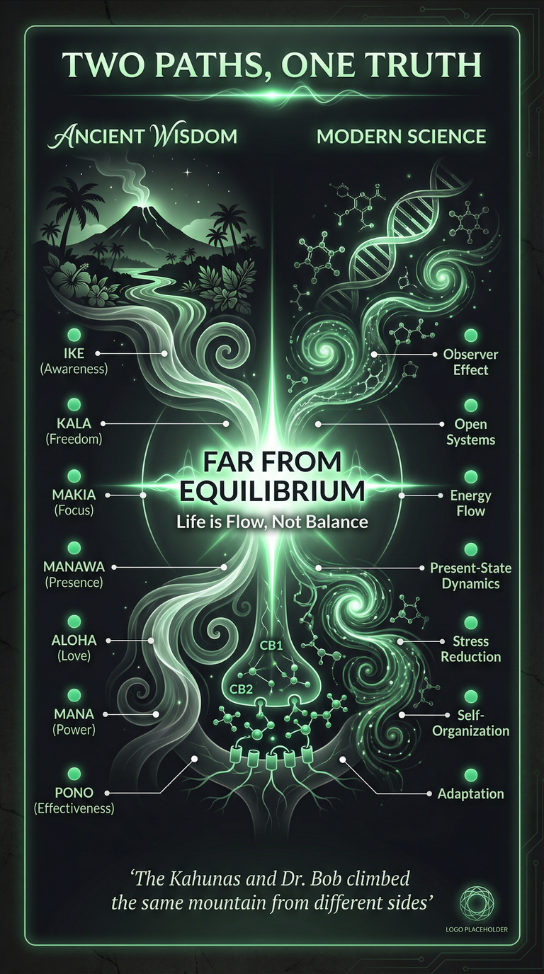 Two Paths, One Truth - Infographic showing how Ancient Hawaiian Huna wisdom and Modern Thermodynamic Science converge on the same truths about life, flow, and adaptation